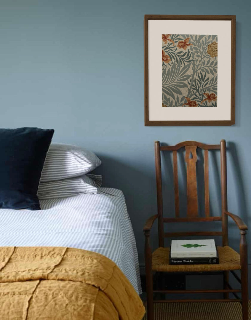 ‘Larkspur – Slate & Russet’ Rare William Morris Framed Wall Art | Hand Framed Vintage Heritage Wallpaper Wall Decor