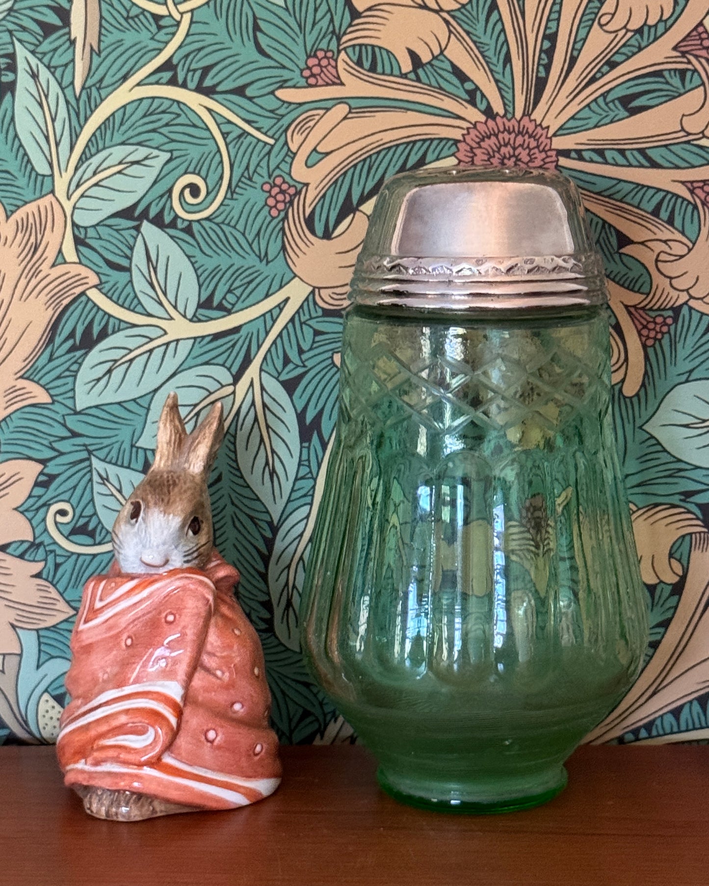 Highly Collectable Vintage Green Glass Sugar Shaker | Pretty Jeweled Decorative Design