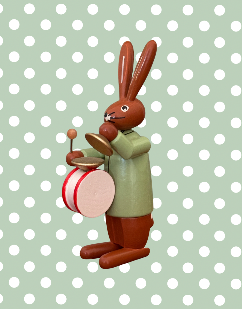 Rudolphs Schatzkiste Style Easter Bunny Musician | Wood Composite Vintage Figurine with Drum