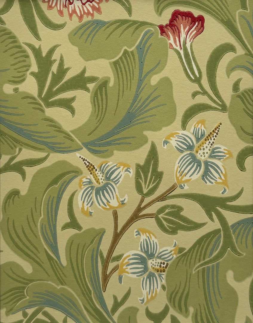 ‘Leicester – Green & Coral’ William Morris Unique Wall Decor | Arts & Crafts Floral Vintage Wallpaper Framed Print