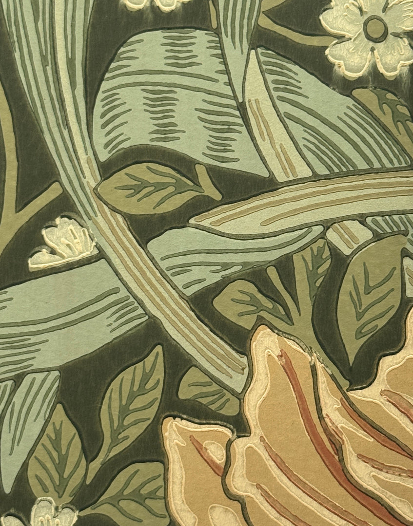 Close Up Detail of 'Pimpernel - Brick & Olive' William Morris Floral Print