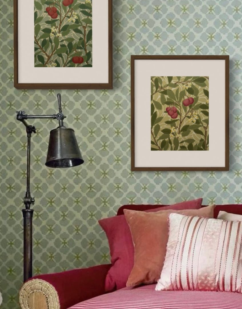 Eclectically styled pink and green interios with a pair of William Morris Arbutus framed wall decor