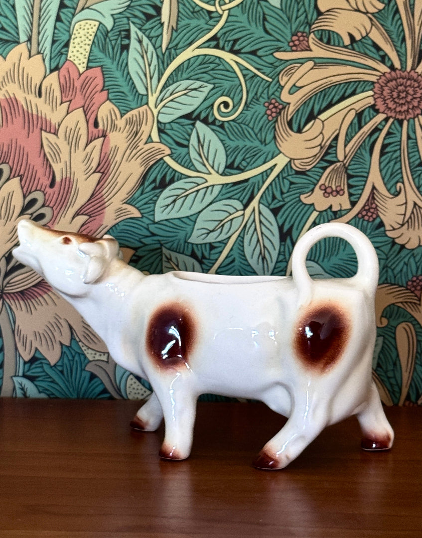 Large Mid-Century Cow Creamer with Brown Patchwork Design – Beautiful Characterful Cottagecore Vintage Piece