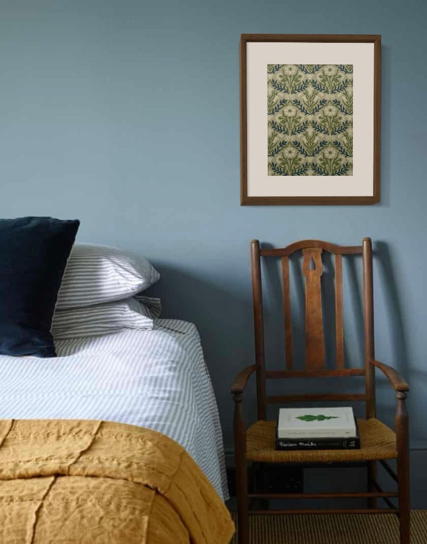 Framed William Morris Bellflowers Floral Print on Wall in Arts and Crafts Styled Bedroom Interior