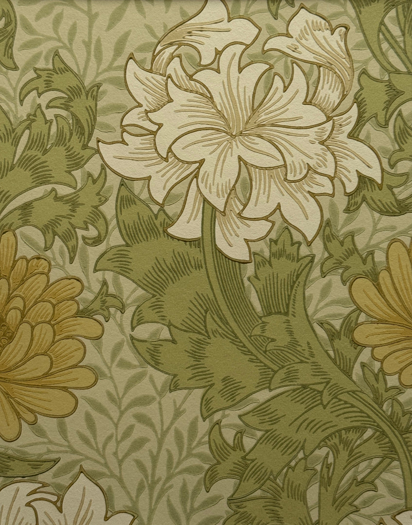 ‘Chrysanthemum – Pale Olive’ William Morris Unique Framed Print | Vintage Floral Unique Wallpaper Wall Art