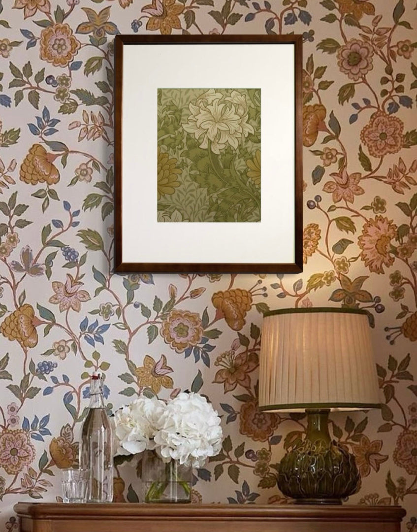 ‘Chrysanthemum – Pale Olive’ William Morris Unique Framed Print | Vintage Floral Unique Wallpaper Wall Art