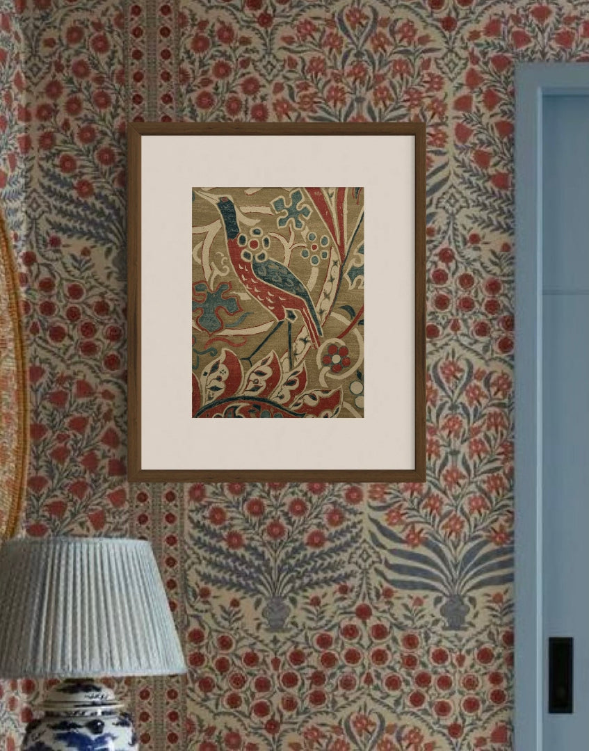 Bohemian blue and red toned interior with William Morris framed wall art decor