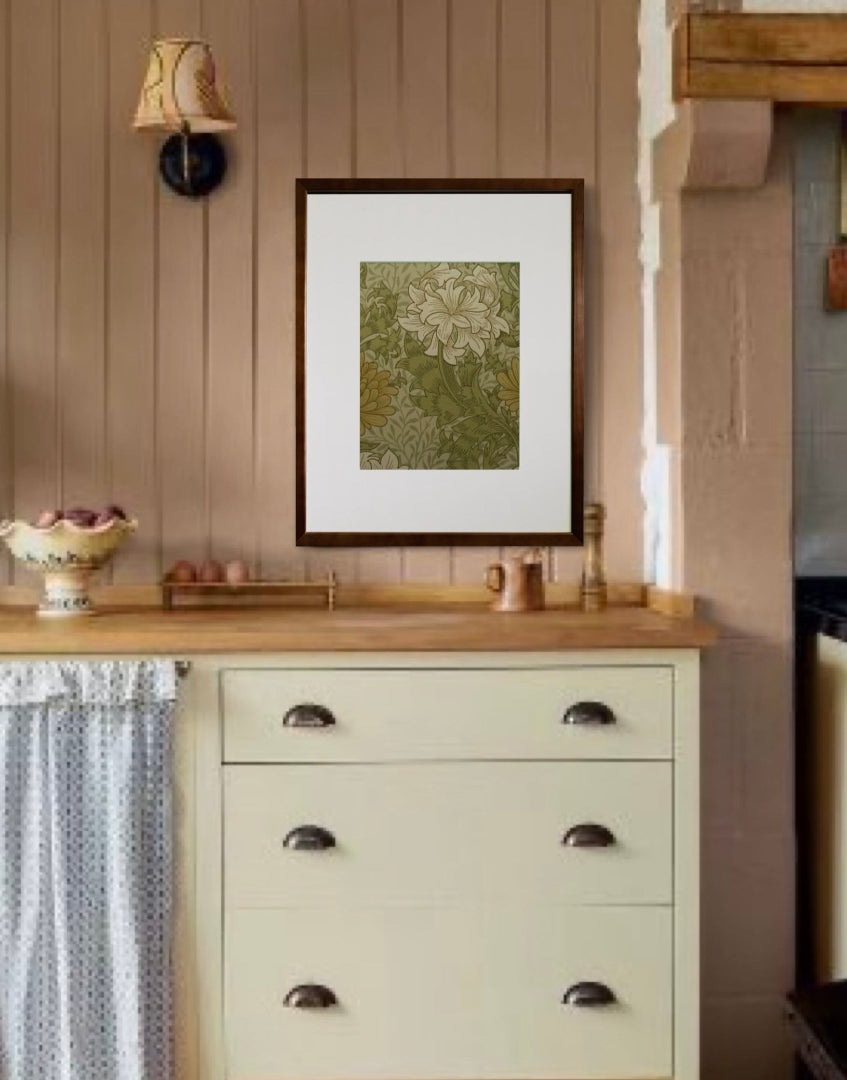 ‘Chrysanthemum – Pale Olive’ William Morris Unique Framed Print | Vintage Floral Unique Wallpaper Wall Art
