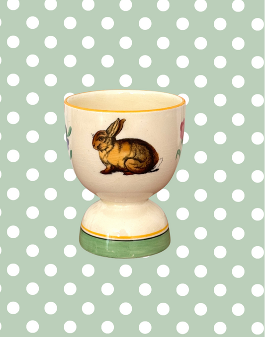 Vintage Yellow Duck Egg Cup With Rabbit & Chick Design | Charming Easter Collectable