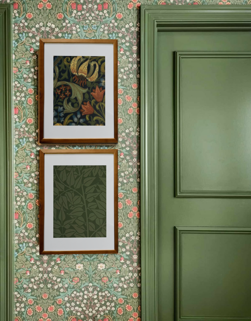 william morris inspired interior with green painted woodwork interior, blackthorn wallpaper and william morri framed wall decor