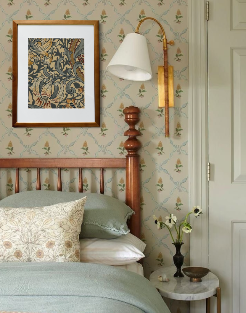Bedroom with floral wallpaper, wooden headboard, and decorative william morris golden lily framed print wall decor