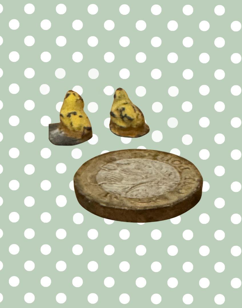 Two Tiny Sweet Miniature Chicks on Stands | Britains Ltd Vintage Lead Birds (1920s)