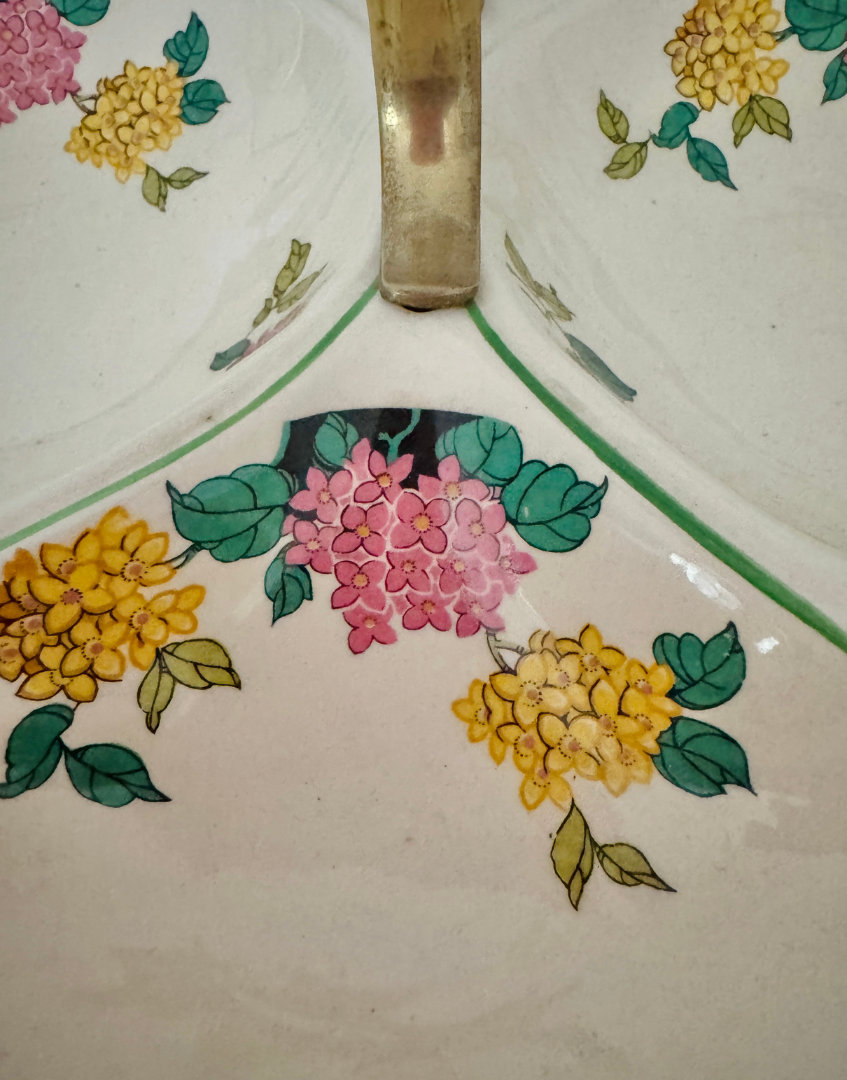 close up of pretty pink, yellow and green floral pattern on vintage tableware ceramic