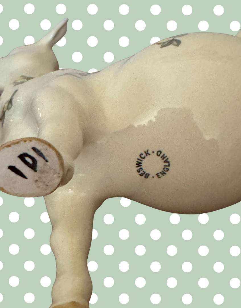 Close up of Beswick English Pottery Stamp on Underside ‘Daisy the Cow’ Yellow Floral Cow Creamer Figurine