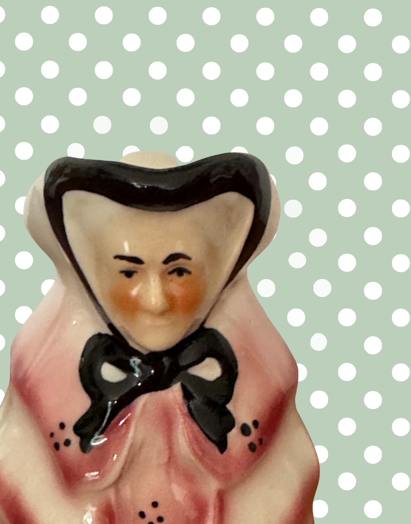 Close up of facial feature of Little Old Lady Tony Wood milk jug