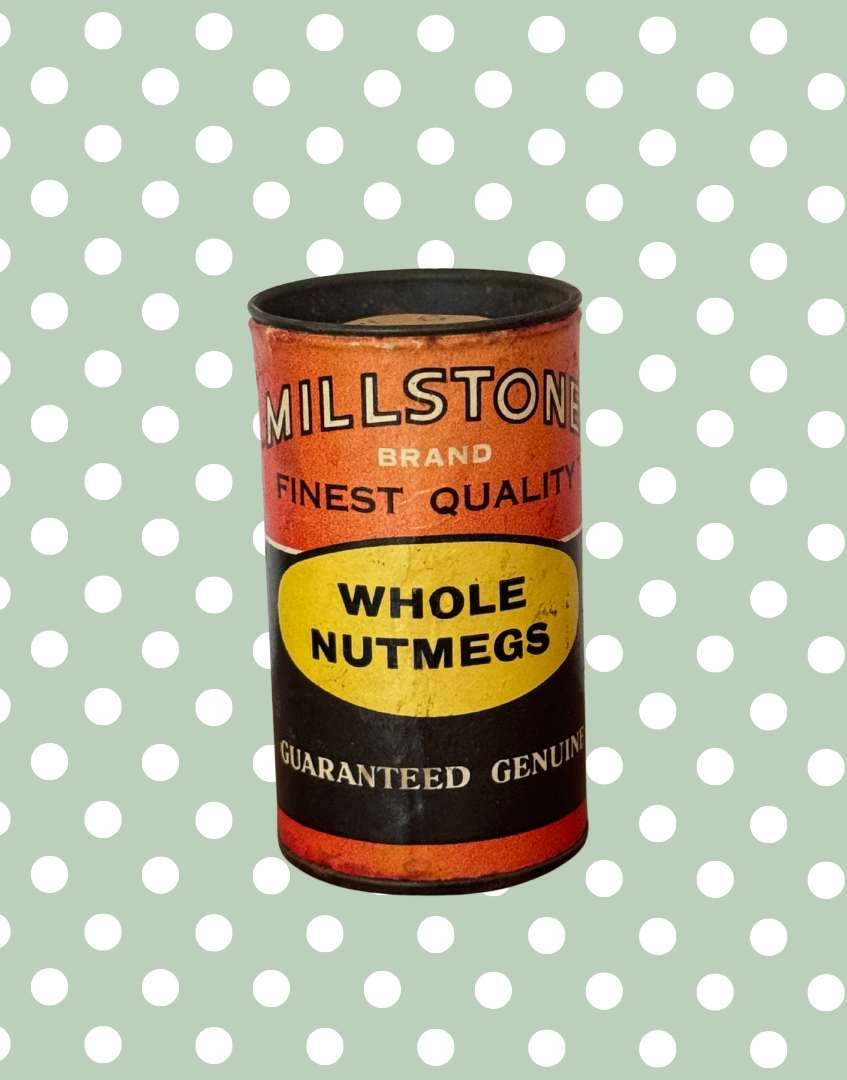 Very Rare Vintage Millstone Whole Nutmegs Tin | Small Kitchenalia Collectable with Grater & Retro Typography