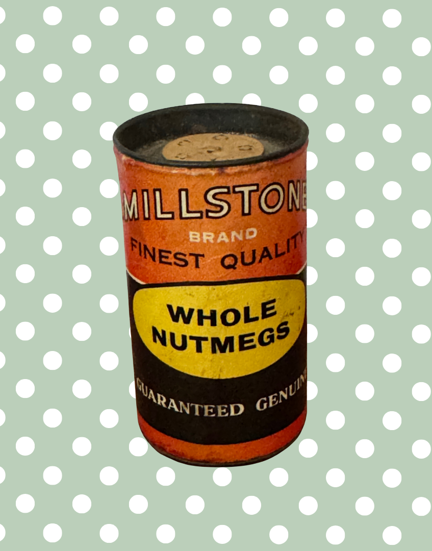 Very Rare Vintage Millstone Whole Nutmegs Tin | Small Kitchenalia Collectable with Grater & Retro Typography