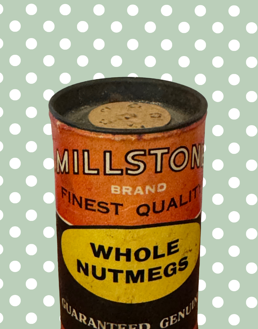 Very Rare Vintage Millstone Whole Nutmegs Tin | Small Kitchenalia Collectable with Grater & Retro Typography