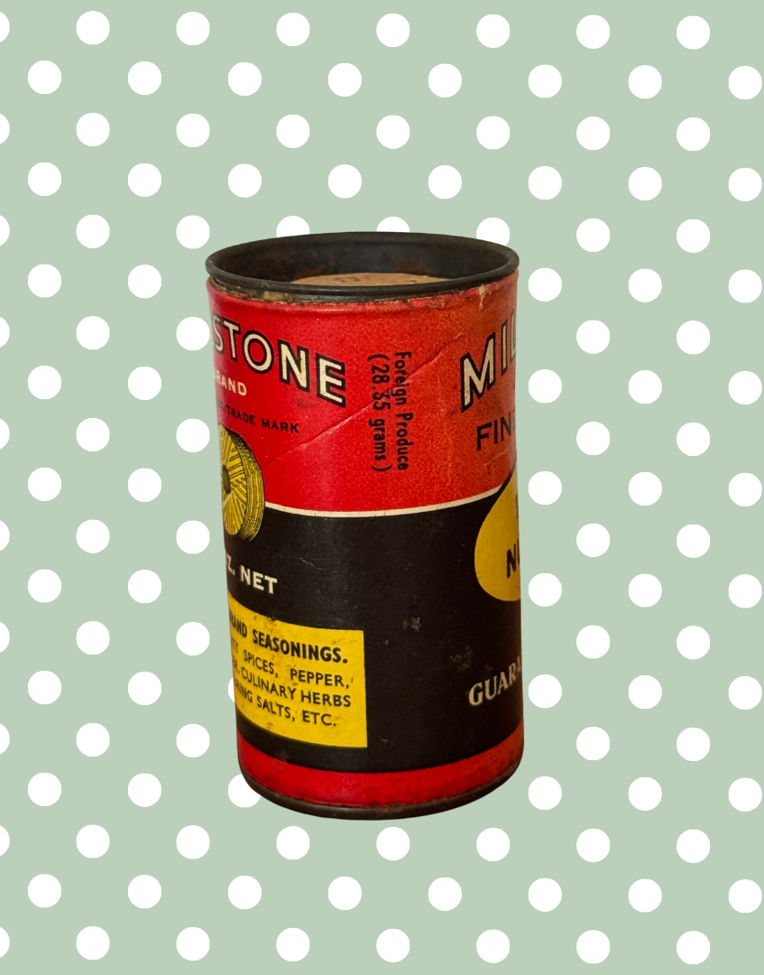 Very Rare Vintage Millstone Whole Nutmegs Tin | Small Kitchenalia Collectable with Grater & Retro Typography