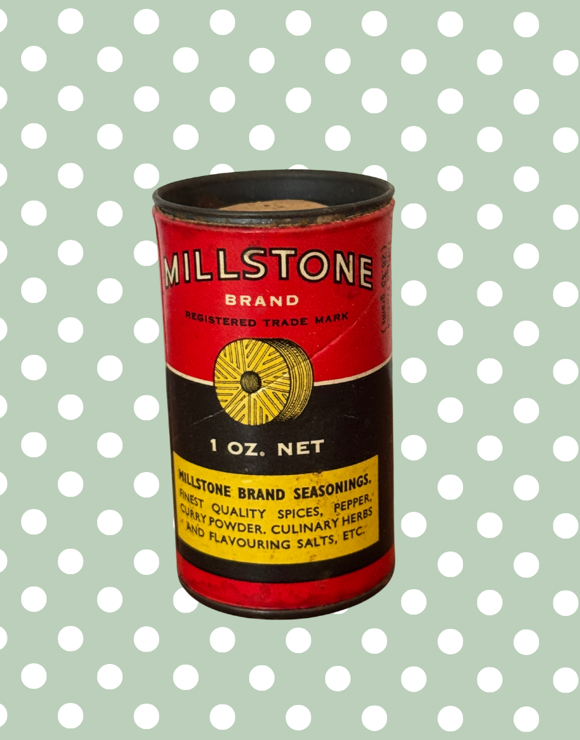 Very Rare Vintage Millstone Whole Nutmegs Tin | Small Kitchenalia Collectable with Grater & Retro Typography