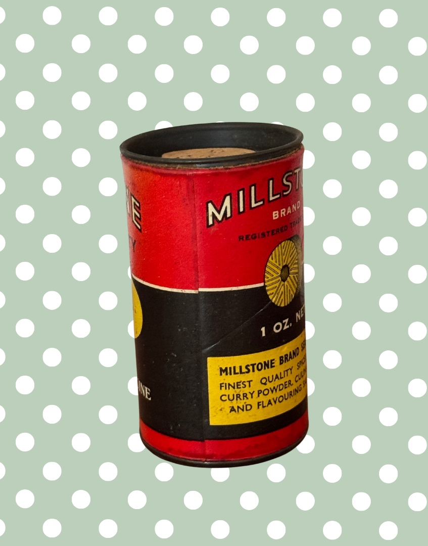 Very Rare Vintage Millstone Whole Nutmegs Tin | Small Kitchenalia Collectable with Grater & Retro Typography
