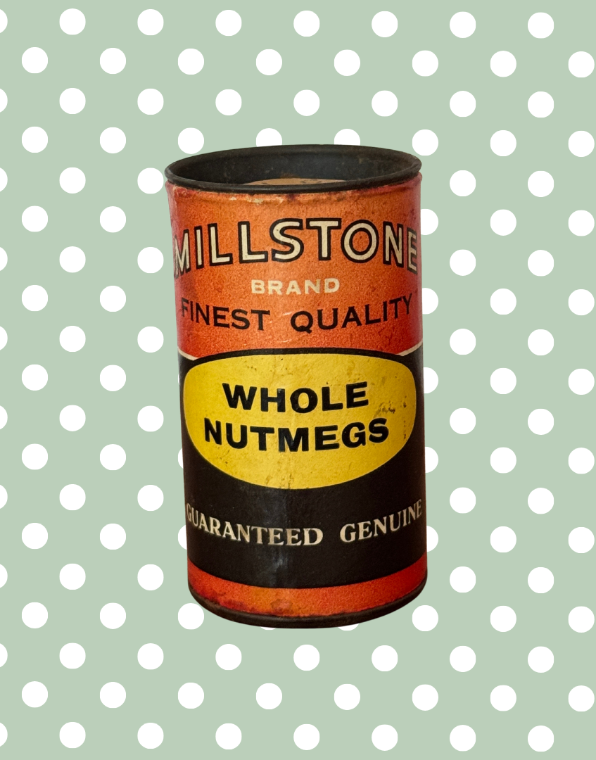 Very Rare Vintage Millstone Whole Nutmegs Tin | Small Kitchenalia Collectable with Grater & Retro Typography