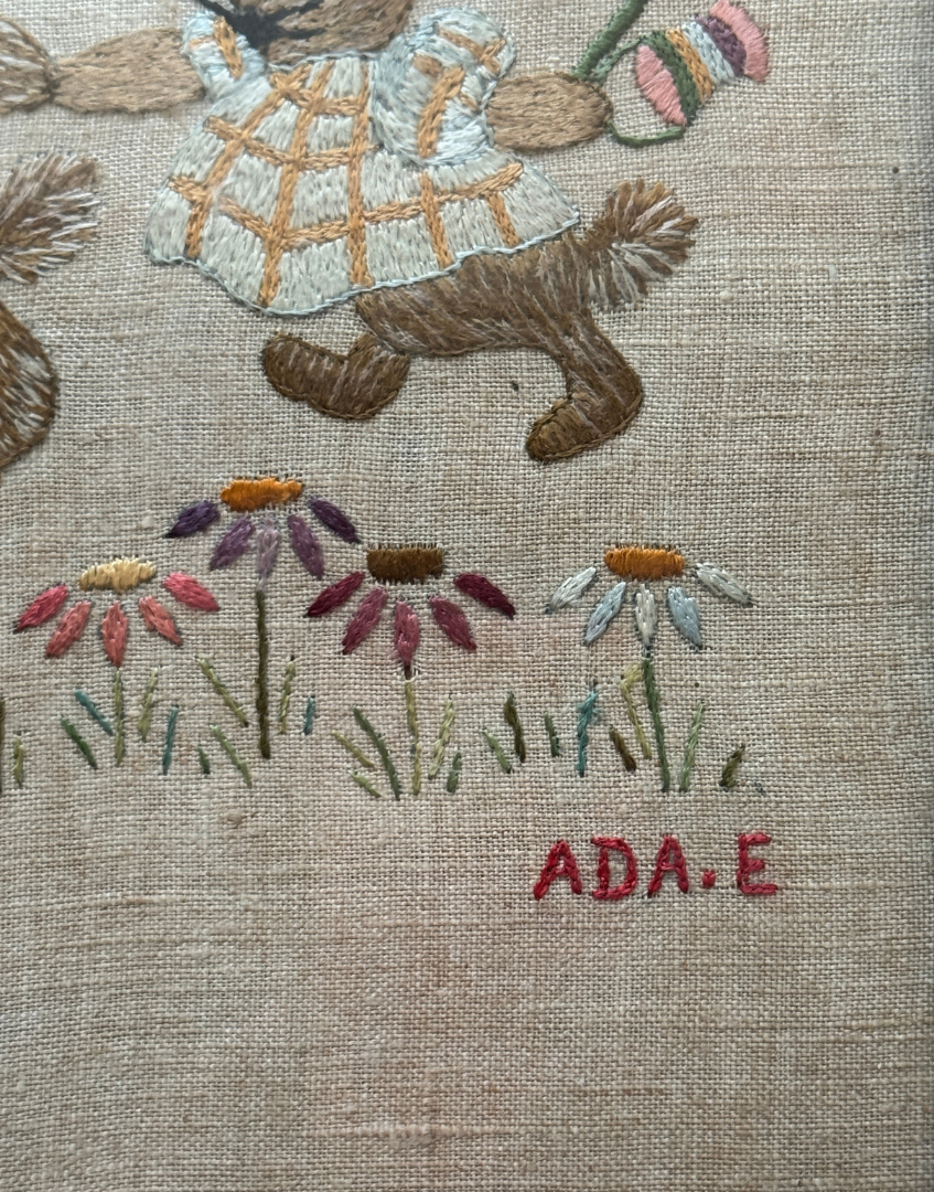 Charming Antique 19th Century Silk Embroidery of Rabbits Signed Ada E (possibly by British Artist, Ada E Fussey)|Framed by William Sullivan | Beatrix Potter Era Textile Art