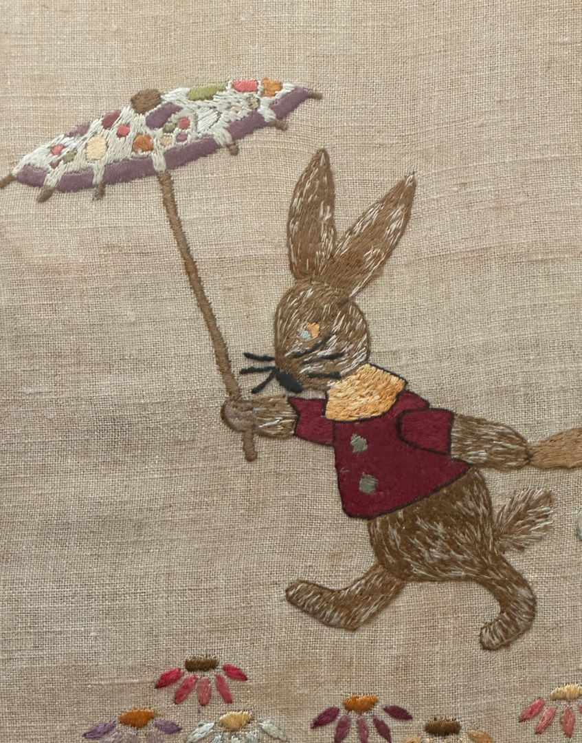 Charming Antique 19th Century Silk Embroidery of Rabbits Signed Ada E (possibly by British Artist, Ada E Fussey)|Framed by William Sullivan | Beatrix Potter Era Textile Art