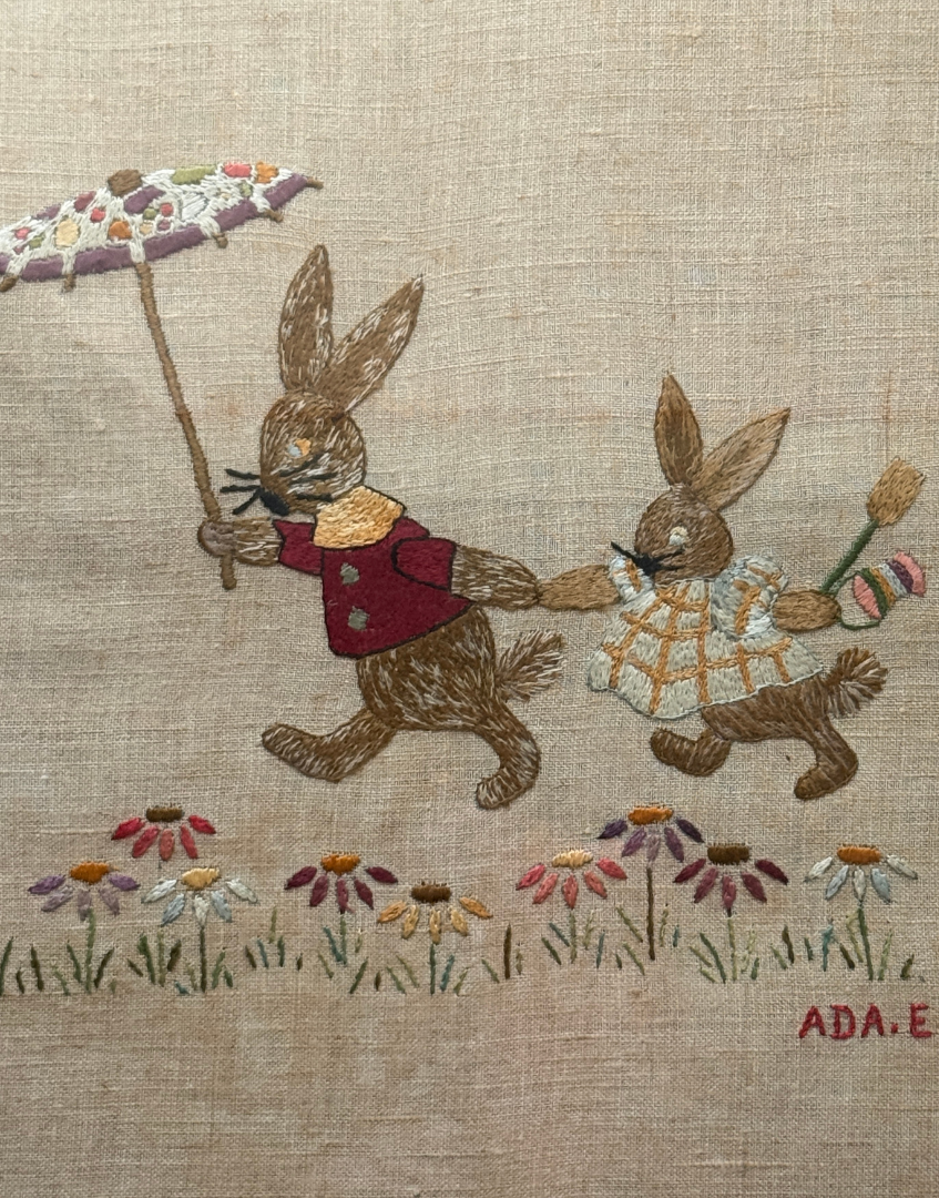Charming Antique 19th Century Silk Embroidery of Rabbits Signed Ada E (possibly by British Artist, Ada E Fussey)|Framed by William Sullivan | Beatrix Potter Era Textile Art