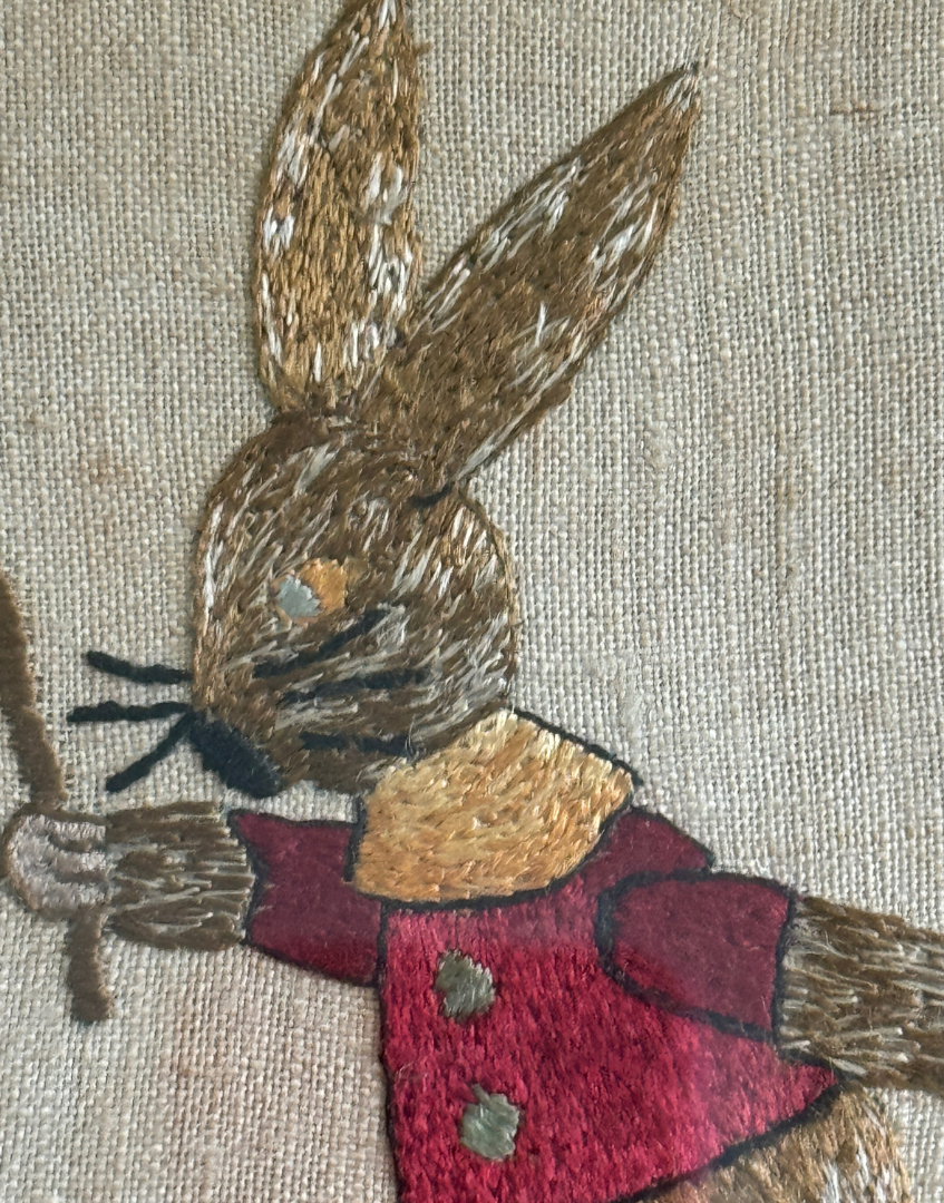 Charming Antique 19th Century Silk Embroidery of Rabbits Signed Ada E (possibly by British Artist, Ada E Fussey)|Framed by William Sullivan | Beatrix Potter Era Textile Art