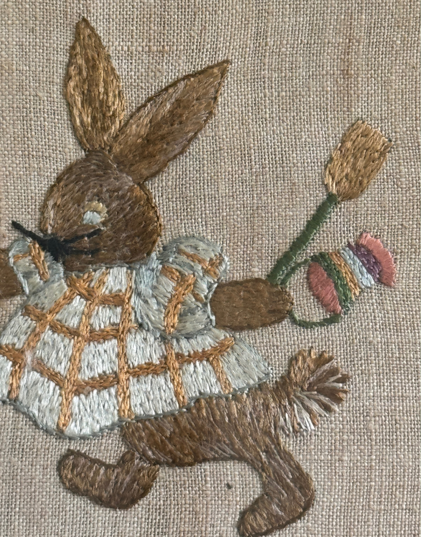 Charming Antique 19th Century Silk Embroidery of Rabbits Signed Ada E (possibly by British Artist, Ada E Fussey)|Framed by William Sullivan | Beatrix Potter Era Textile Art