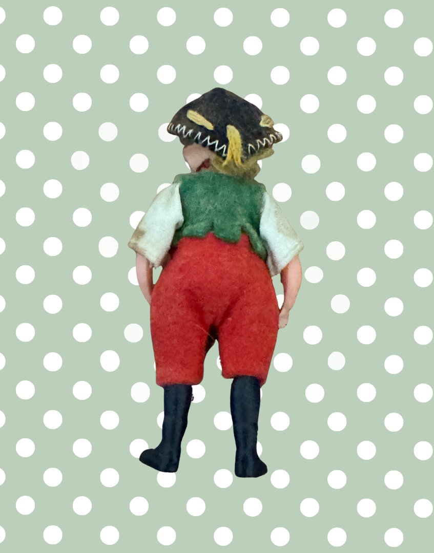 Antique German Celluloid Boy Doll Collctable | Dressed in Felt Clothing with Moulded Hair and Hat