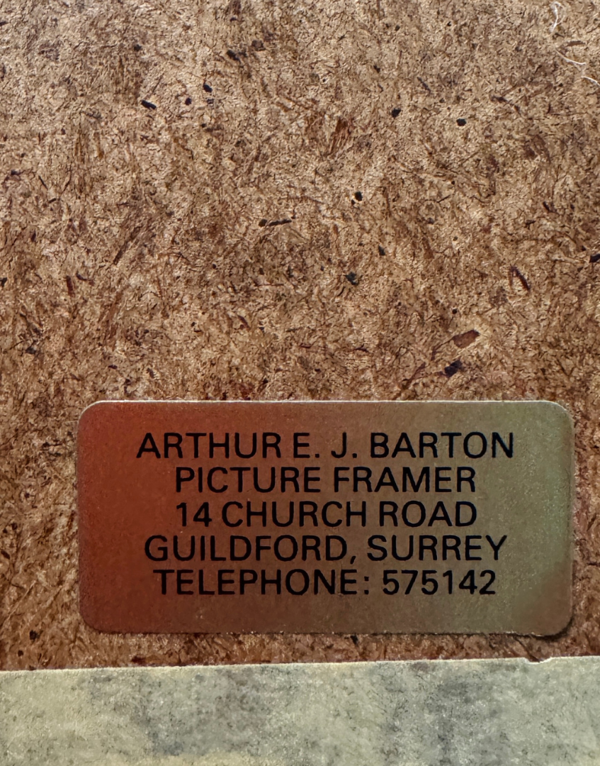 sticker on back of vintage frame of Arthur J Barton Picture Framer, Guildford, Surrey