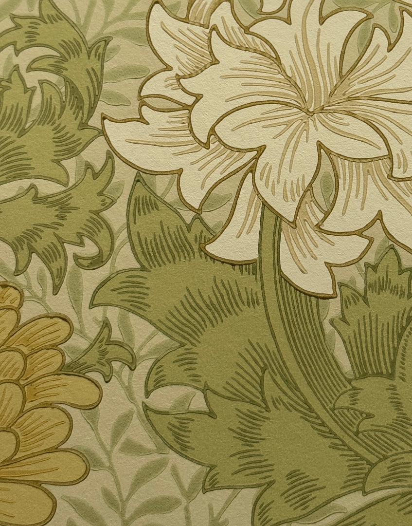 ‘Chrysanthemum – Pale Olive’ William Morris Unique Framed Print | Vintage Floral Unique Wallpaper Wall Art