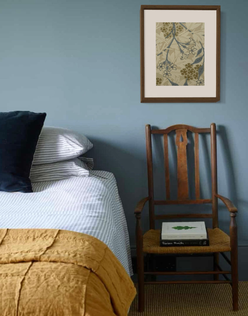 ‘Jasmine – Ecru & Woad’ William Morris Framed Print in Country Style Bedroom Interior