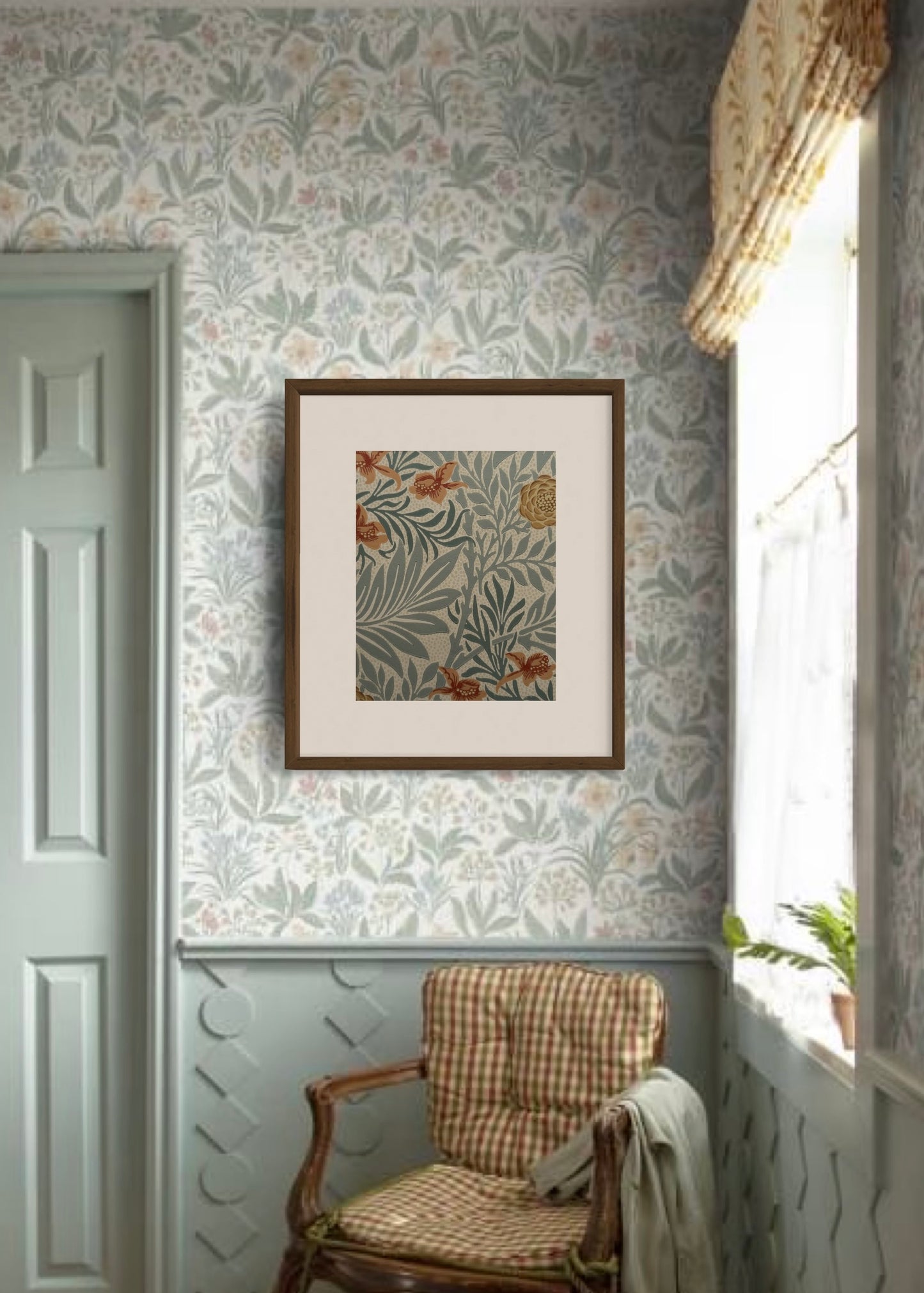 ‘Larkspur – Slate & Russet’ Rare William Morris Framed Wall Art | Hand Framed Vintage Heritage Wallpaper Wall Decor