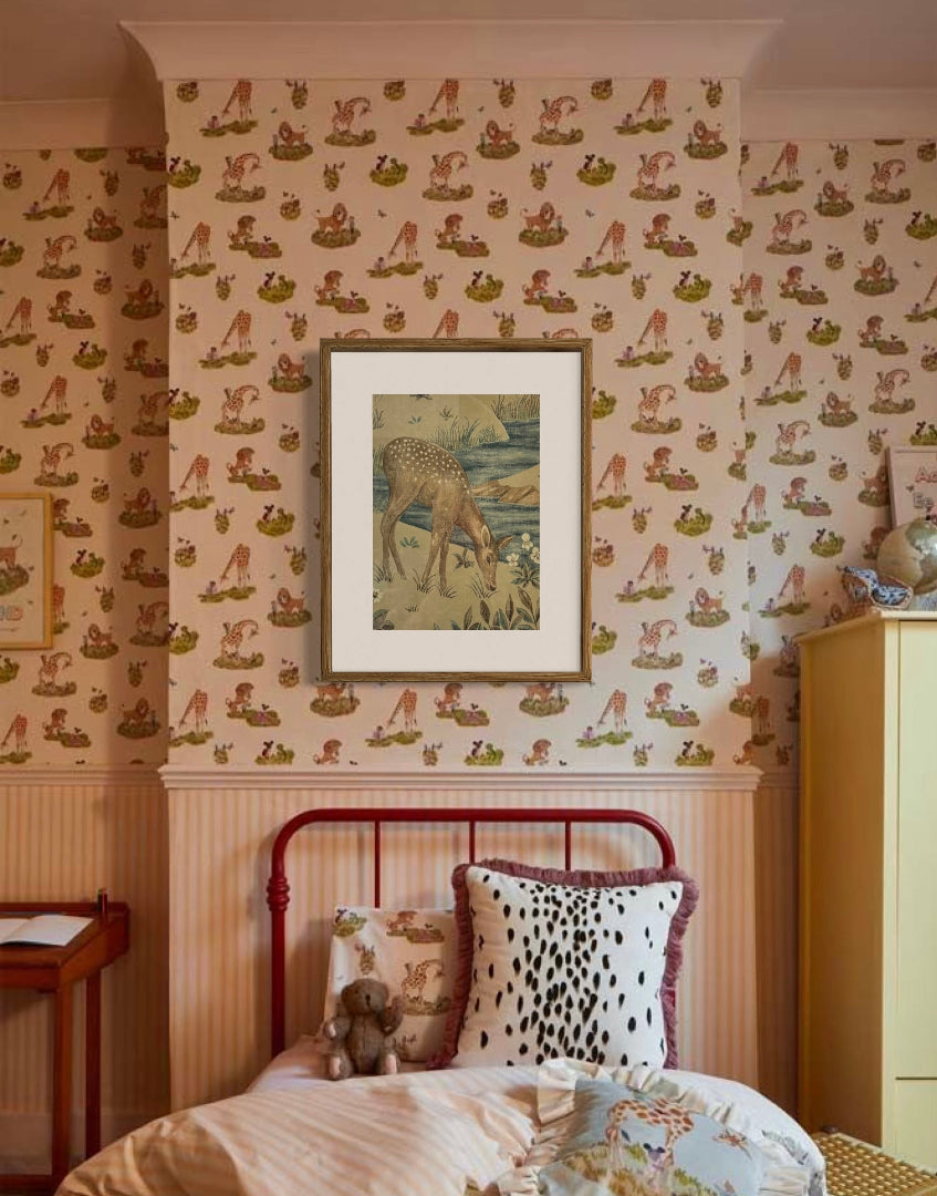 Pastel pink retro styled childrens bedroom with William Morris framed wall decor