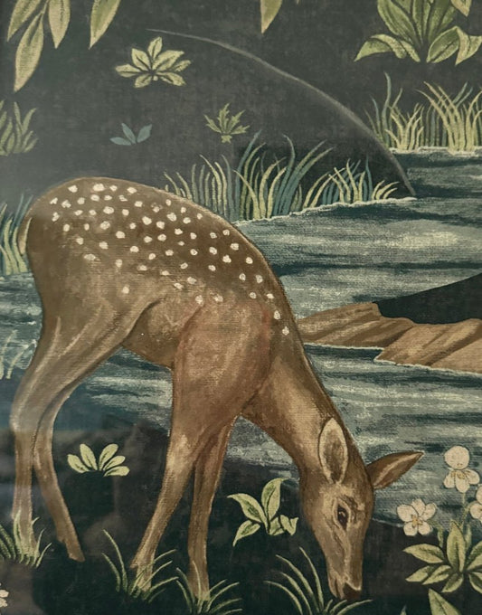 Close Up Detail of William Morris ‘The Brook' Featuring A Pretty Doe Grazing By A Woddland Brook