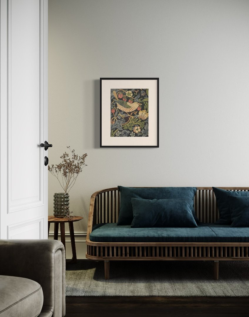 Framed Print - William Morris ‘Strawberry Thief - Indigo & Mineral' Vintage Wall Decor | Classic Wall Art Collection