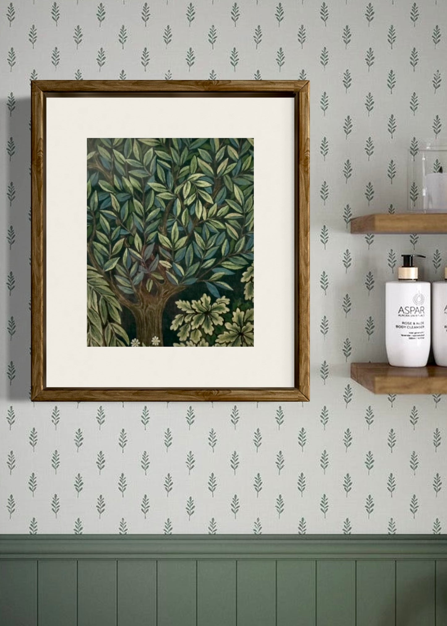 Green and white themes country interior with brown framed William Morris wall art