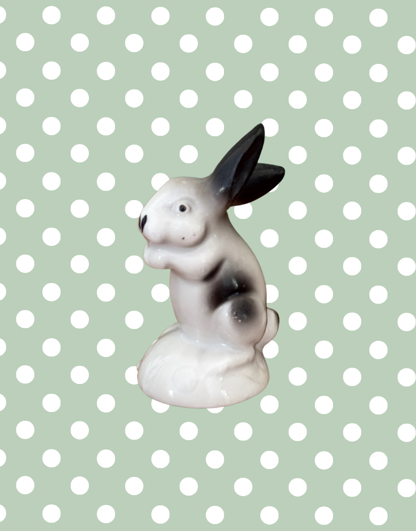 Rare 4cm Miniature Vintage Black & White Hand-Painted Ceramic Rabbit Figurine | 1930s or Earlier Collectable