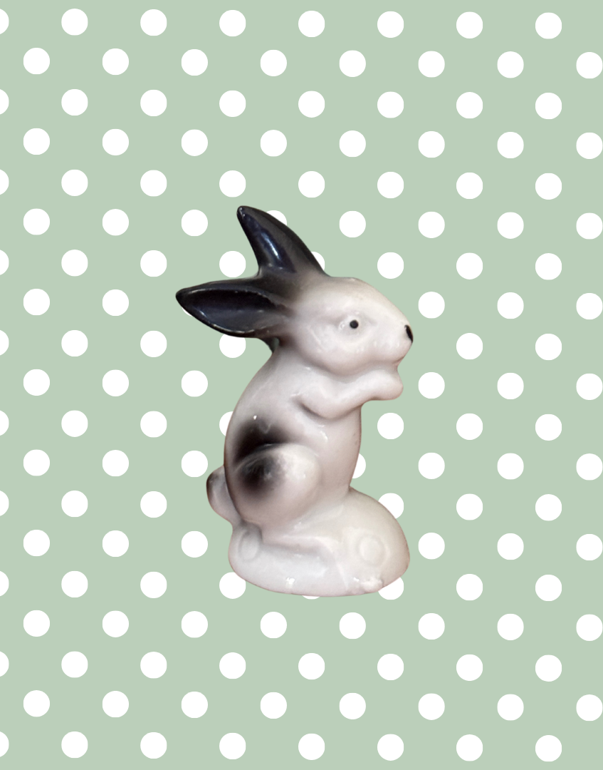 Rare 4cm Miniature Vintage Black & White Hand-Painted Ceramic Rabbit Figurine | 1930s or Earlier Collectable