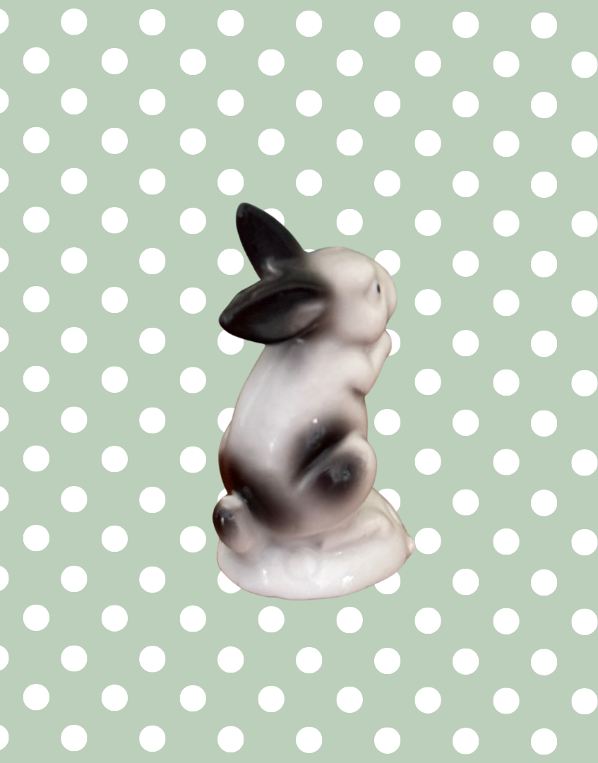 Rare 4cm Miniature Vintage Black & White Hand-Painted Ceramic Rabbit Figurine | 1930s or Earlier Collectable