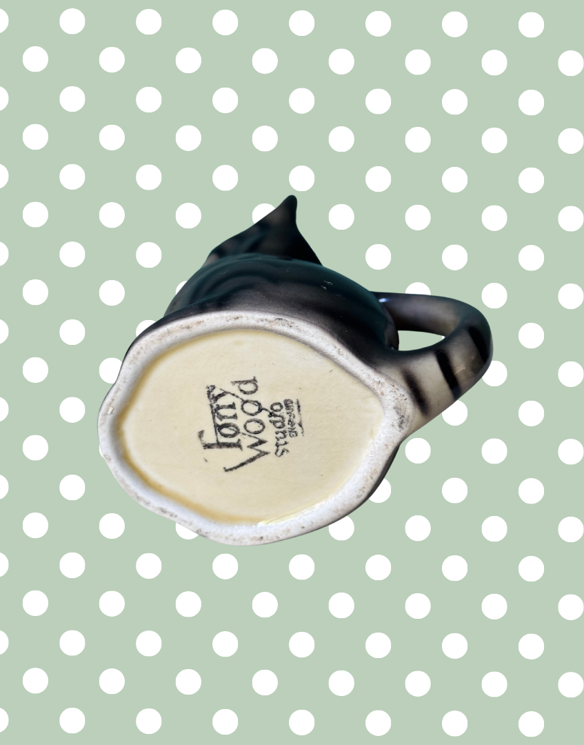 Tony Wood maker stamp on base of characterful tabby cat ceramic milk jug