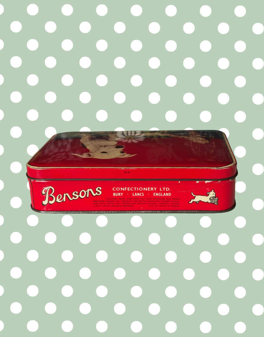 1950s Benson’s Cheeky Puppy Vintage Tin | Mid-Century Confectionery Advertising Prop and Collectable