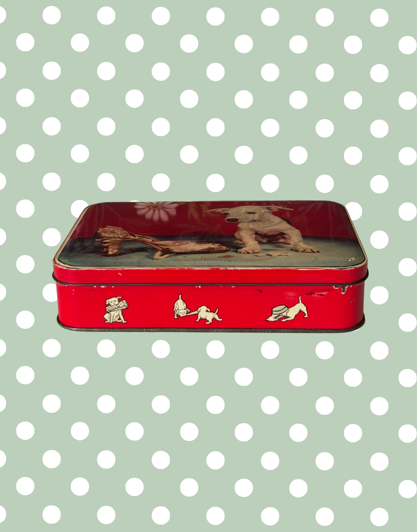 1950s Benson’s Cheeky Puppy Vintage Tin | Mid-Century Confectionery Advertising Prop and Collectable