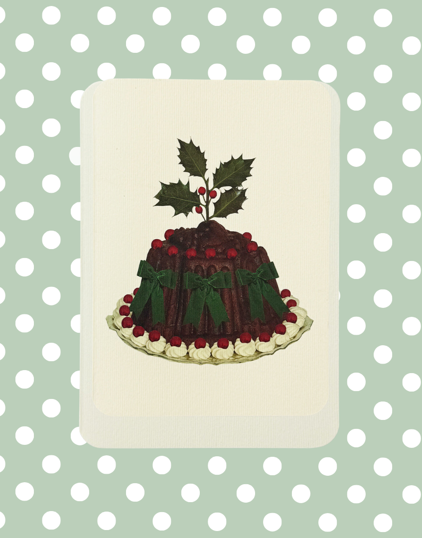 Christmas Plum Pudding Green Velvet Bows Greeting Card | Alexandra Simms for Canonbury Press