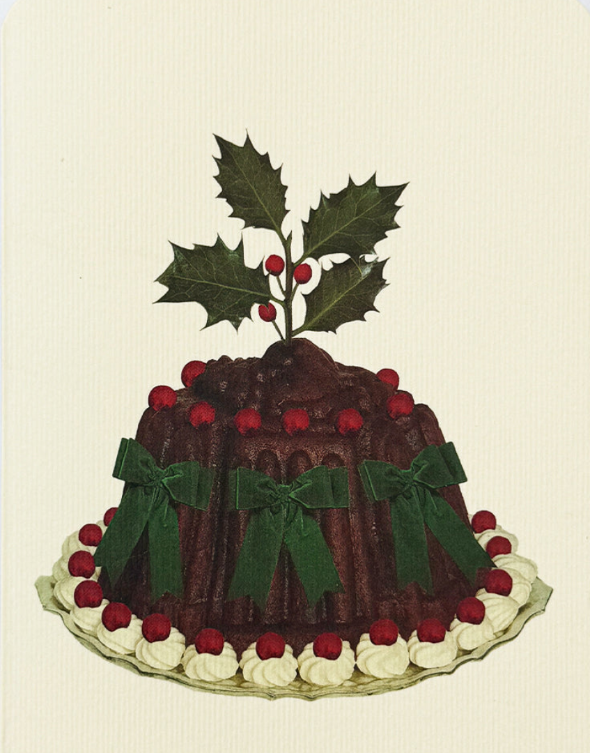 Christmas Plum Pudding Green Velvet Bows Greeting Card | Alexandra Simms for Canonbury Press