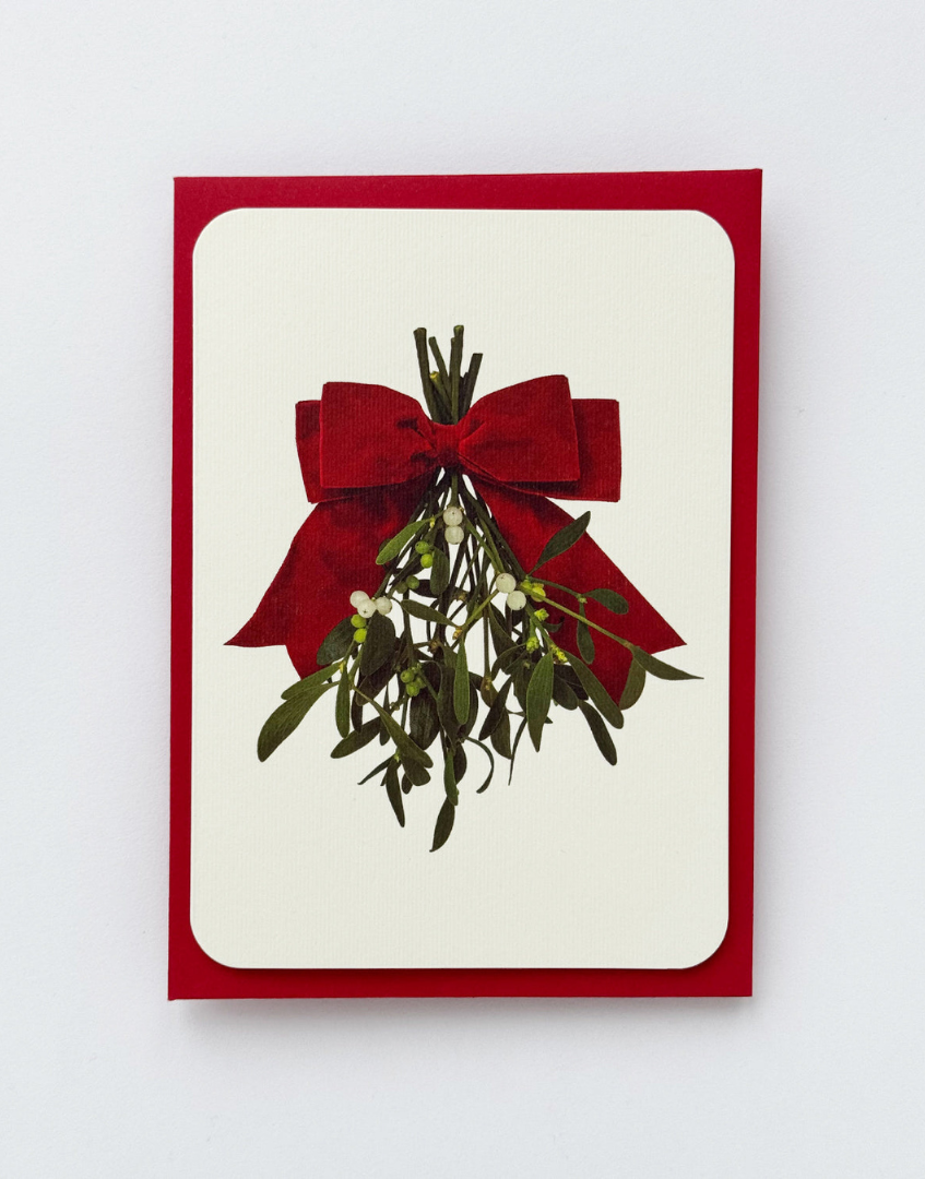 Classic Mistletoe and Red Ribbon Festive Greeting Card | Alexandra Simms for Canonbury Press