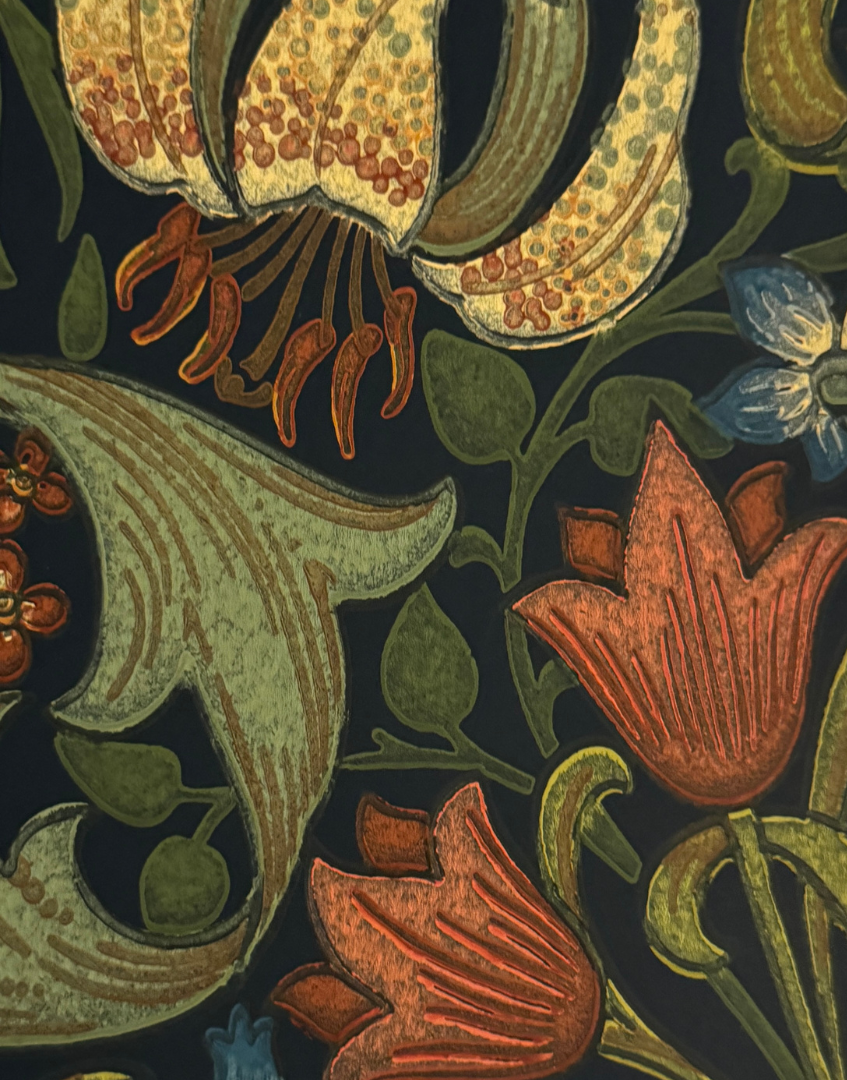 Close up William Morris Golden Lily in Indigo loral print